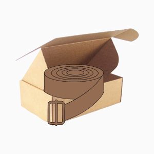 A coiled belt fitting inside an 8x6x2 inch mailer box