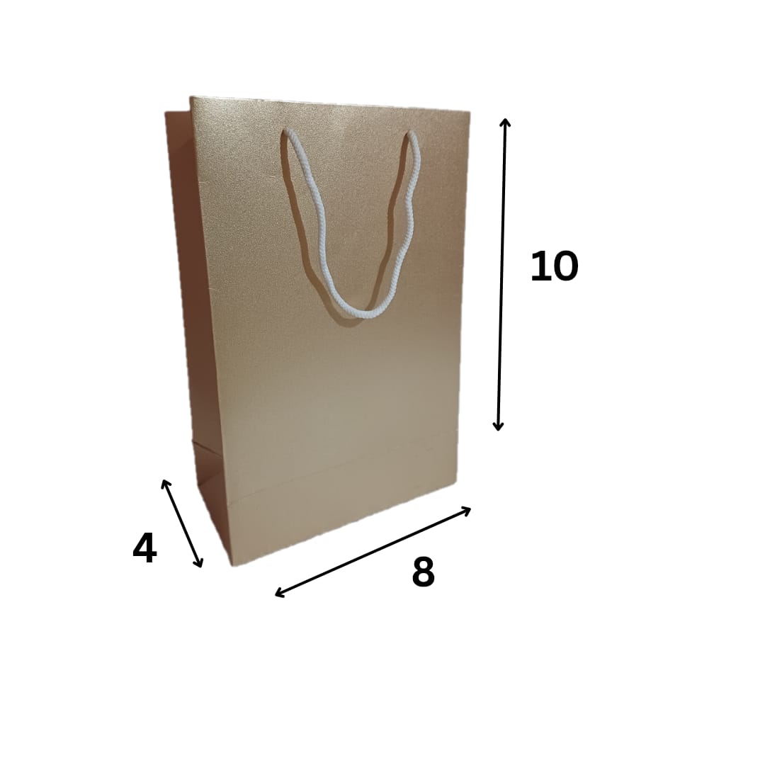 Elegant 8x10x4 inch gold paper bag with rope handles.