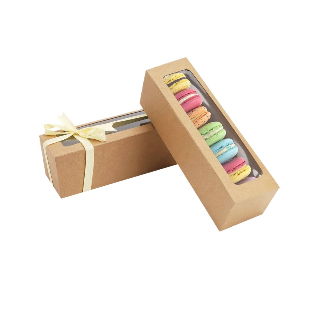 A long, clear-window box for delicate French macarons